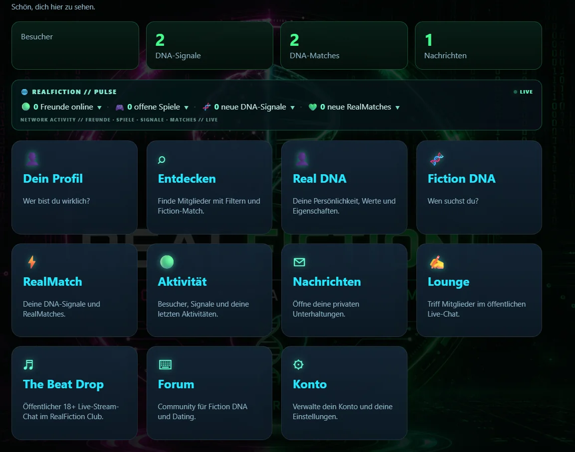RealFiction Dashboard mit Real DNA, Fiction DNA, RealMatch, Lounge und Games